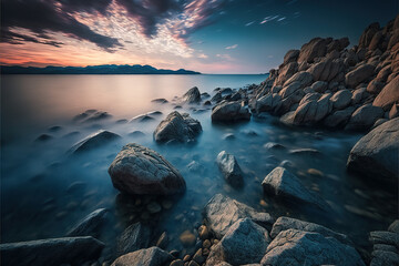 Panorama of the bay at sunset with stone and water on the beach in twilight  surrounded with rock mountains  