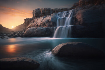 Fototapeta na wymiar Water fall at sunset in a seascape view generative ai