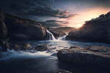 Majestic waterfall cascading over rugged rocks at sunset, with the sun's golden rays adding a tranquil glow to the scene.