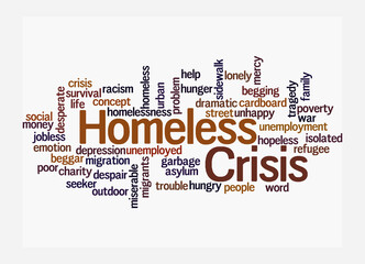 Word Cloud with HOMELESS CRISIS concept, isolated on a white background