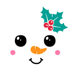 Cute cartoon snowman face with Christmas holly plant. Snowman head on white background. Vector illustration.