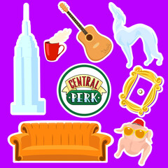 Stickers for the series Friends, sitcom. New York, guitar, cafe Central Perk, orange sofa, yellow frame, turkey in glasses on purple, dog statue. 