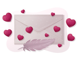 Love letter. card with paper envelope, red hearts and feather. Vector illustration. For web or social media.