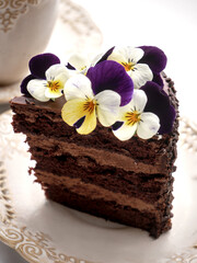 Fototapeta na wymiar Portion of chocolate cake decorated with spring flowers - rustic style