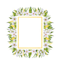 Watercolor hand drawn frame with the white flowers, leaves, berries and gold elements. Design for textile,  fabric, cards, banners, icons, posters, invitations. Also suitable for wedding.