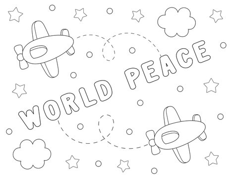 easy coloring page for kids about world peace. planes, stars, clouds and more to color