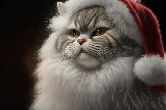 Santa kitten - british shorthair cat wearing red hat near Christmas tree and toys. Cute little pet waiting gifts at New Year.Portrait of a sweet animal at home on holiday