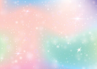 Magic background with rainbow mesh. Mystical universe banner in princess colors. Fantasy gradient backdrop with hologram. Holographic magic background with fairy sparkles, stars and blurs.