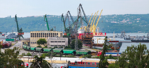 Obraz na płótnie Canvas Port cranes, cargo ships and industrial buildings