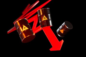 falling oil prices. barrels of oil and a red arrow pointing down on a black background. 3D render