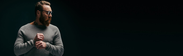 Trendy bearded man in jumper posing and looking away isolated on black, banner.