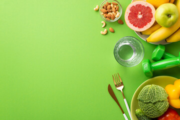 Weight loss concept. Top view photo of plates with fruits vegetables bananas apple grapefruit...