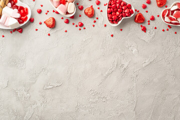 Valentine's Day concept. Top view photo of heart shaped saucers with sweets jelly and chocolate candies on concrete texture background with blank space