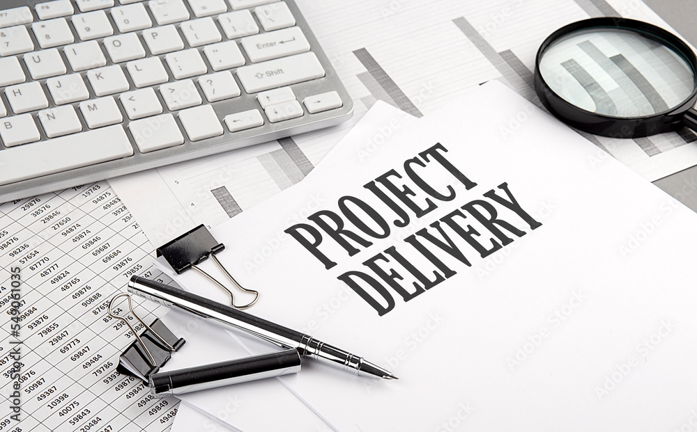 Poster project delivery text on paper with chart and keyboard, business concept