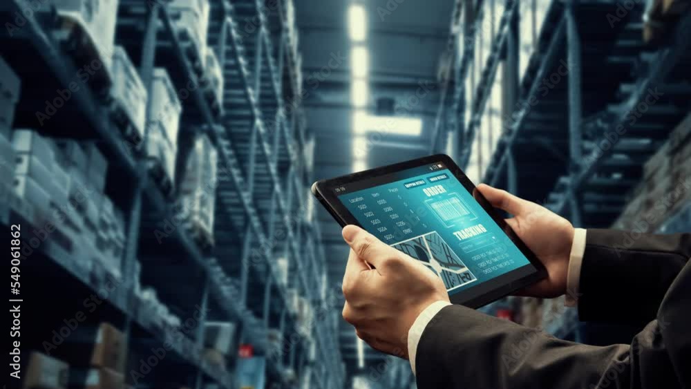 Poster warehouse management deft software in computer for real time monitoring of goods package delivery . 