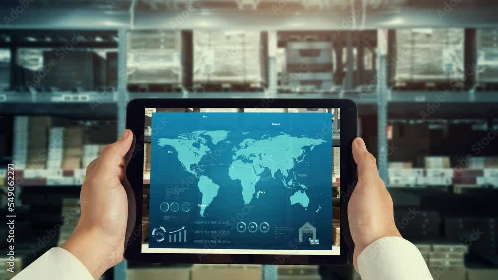 Poster warehouse management deft software in computer for real time monitoring of goods package delivery . 