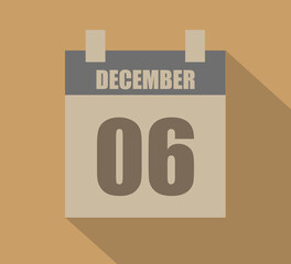 6 december vector calendar icon. Calendar page design on dark background for December days