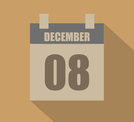 8 december vector calendar icon. Calendar page design on dark background for December days