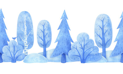 An endless illustration of the winter natural environment. Watercolor seasonal landscape. Seamless pattern of nature. Horizontal border with trees, shrubs in the snow. Isolated image of a forest park