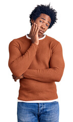 Fototapeta premium Handsome african american man with afro hair wearing casual clothes thinking looking tired and bored with depression problems with crossed arms.