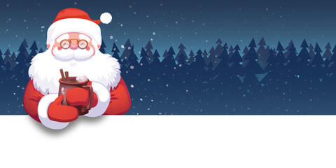 Cute cartoon santa claus presents above forest snowing Christmas concept	