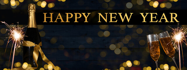 HAPPY NEW YEAR 2024 celebration background banner panorama long- Champagne or sparkling wine...