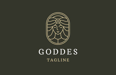 Luxurious greek goddess woman with line style logo icon design template. Demeter, hera aphrodite, hestia, flat modern vector illustration
