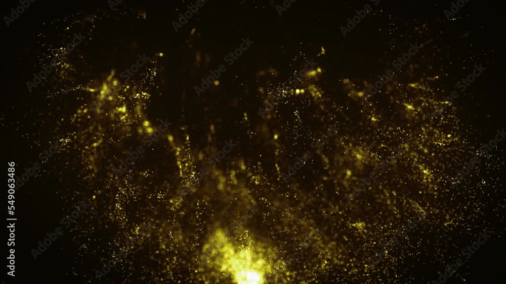 Poster abstract gold particles rising background/ 4k animation of an abstract 3d rendered background of bur