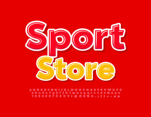 Vector advertising banner Sport Store with Red Alphabet Letters, Numbers and Symbols set. Bright glossy Font