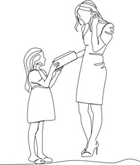 Continuous line drawing of a young single mother accompanying her daughter to study at home. Happy family parenting concept. Stylish one line drawing design vector illustration
