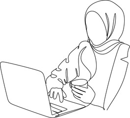 continuous line drawing of professional young muslim business woman using mobile digital tablet computer work and writing work plan on personal notebook isolated on white background
