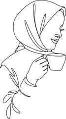 continuous line drawing of professional young muslim business woman using mobile digital tablet computer work and writing work plan on personal notebook isolated on white background
