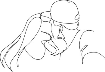 One continuous, single line  drawing of a woman and a man. Hugs of a young couple, lovers, woman and man. Doodles. Romantic.