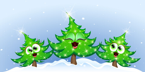 Cute cartoon funny three Christmas fir trees  singing under snowfall