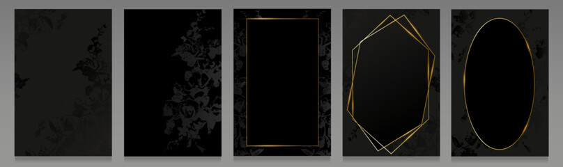 Set of elegant covers, black and gold colors. Painted flowers, printed floral motif, with gold frames of various shapes. Brochures, invitations, luxury backgrounds.