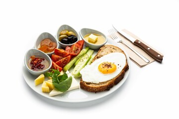 English breakfast food on a white plate with a napkin and a knife beside it on a white background.