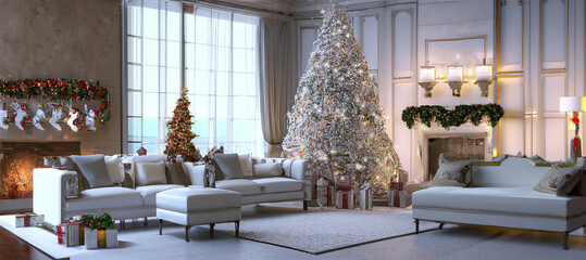 soggiorno elegante addobbato per le feste di natale con albero e decorazioni, pacchetti natalizi grande finestra 