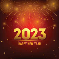 2023 happy new year greeting card with colorful fireworks background
