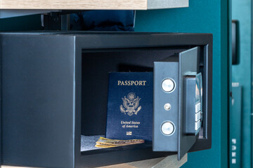A hotel safe with valuables like passports and money. .
