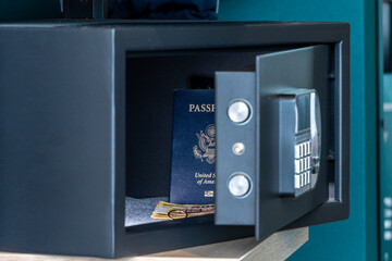 A hotel safe with valuables like passports, money and a ring.