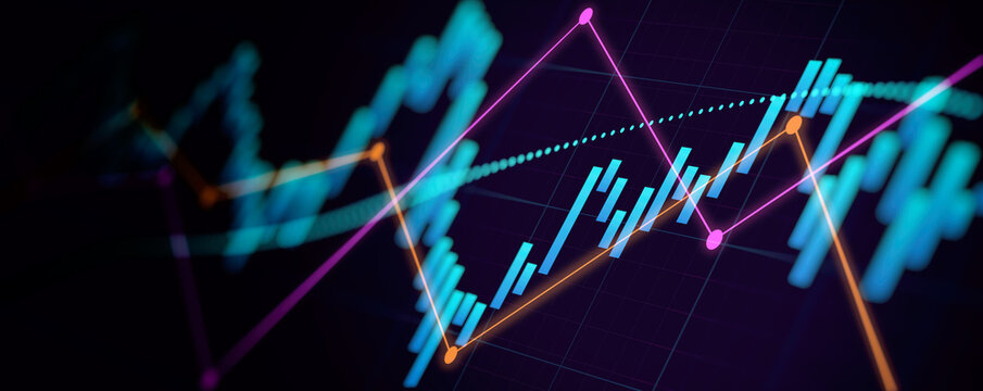 Financial graph with up trend line candlestick chart in stock market on neon color Widescreen background
