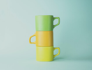 colored cups on a light background. cups for tea and coffee of different colors stand like a tower