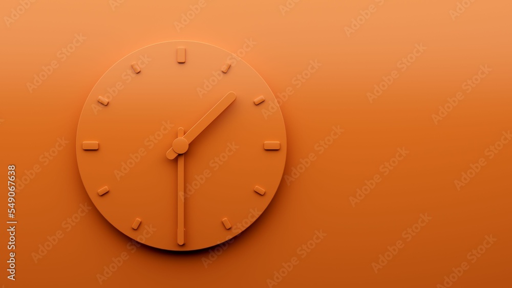 Poster Illustration of a minimalistic orange clock isolated on an orange background showing the time 13:30.