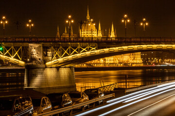 Budapest, Hungary The Illuminated Parliament building at night and the Margaret bridge.