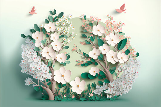 Illustration in paper cut craft style of blossom plum flower , Generative Ai