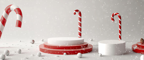 podio bianco ideale per inserimento prodotto in stile natalizio con lecca lecca e fiocchi di neve  - obrazy, fototapety, plakaty