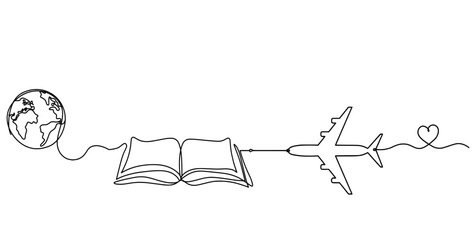 Abstract open book with plane as line drawing on white background. Vector