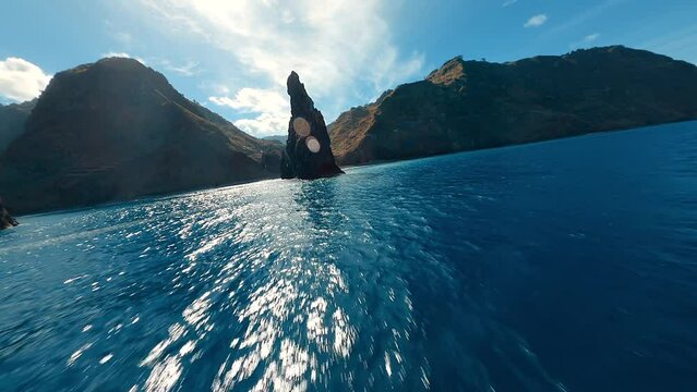 Drone flying over the sea, rocks, mountain and cliff on the island of madeira in Portugal