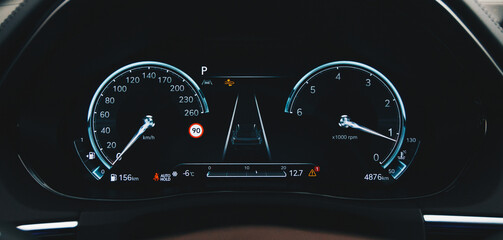 Modern digital car mileage. Car dashboard with sensors and information. RPM, Fuel indicator and...