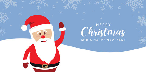 christmas greeting card with cute santa claus on snowy background